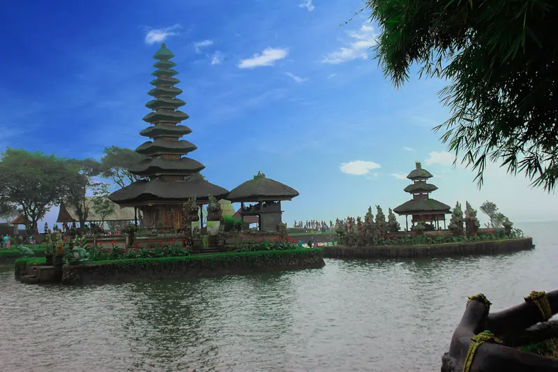 The tiered temple of Ulun Danu Beratan standing in the water of Lake Bratan